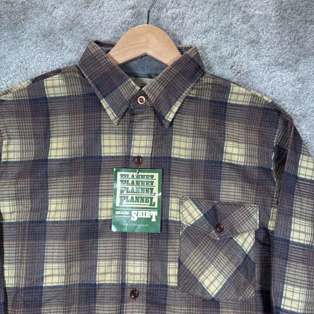 Vintage 80s Sears Flannel Shirt Men M Brown Plaid Button Up Pocket Deadstock NWT